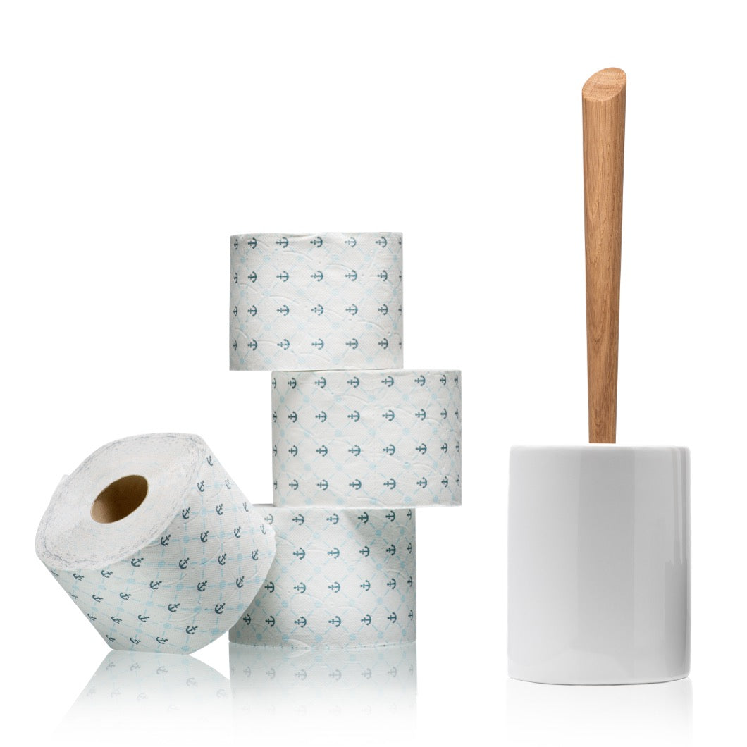 Sparset: Toilettenbürste WOODLINE Keramik weiss + Toilettenpapier